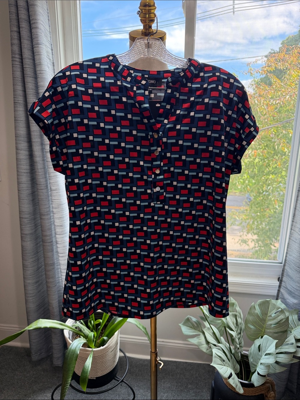 Cocomo Navy Short Sleeve Geometric Print Blouse with Red and Light Blue Blocks